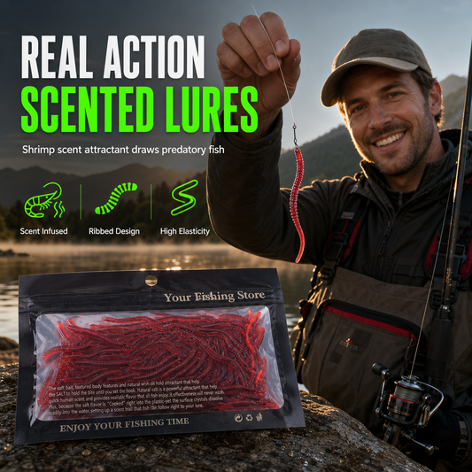 🎣 50% KORTING!   Kunstaas dat beweegt, gloeit en ruikt als een echte worm – Zachte TPR Regenworm | Garnalenaroma | Fosforescerend | 8 cm | 50 of 100 Stuks | Rood of Bruin 🎣🐛